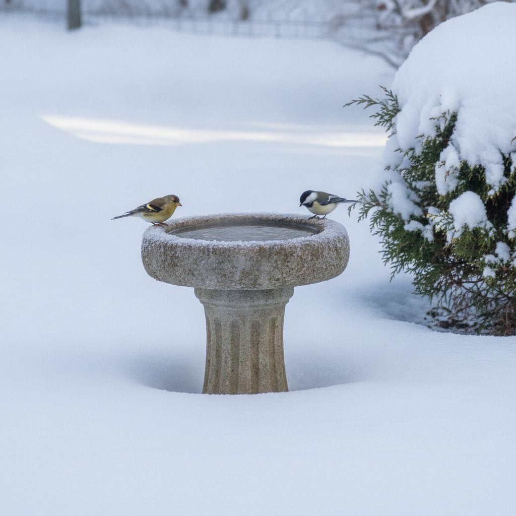 Songbirds drink from an open stone bird bath in a snowy yard, one of several winter bird bath ideas to keep water from freezing
