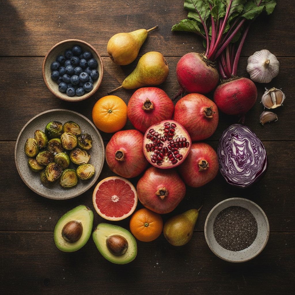 Winter superfoods flat-lay of pears, chia, avocado, cabbage, citrus, pomegranates, brussels sprouts, blueberries, beets, garlic on rustic wood