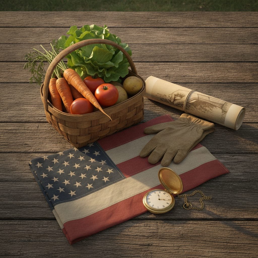 Vintage World War I home front still life with a folded American flag and a basket of victory garden vegetables