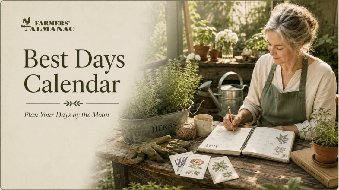 Woman planning gardening with Farmers' Almanac Best Days Calendar.