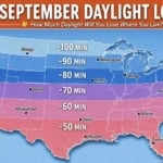 Map showing daylight loss in September across the US with up to 100 minutes lost.