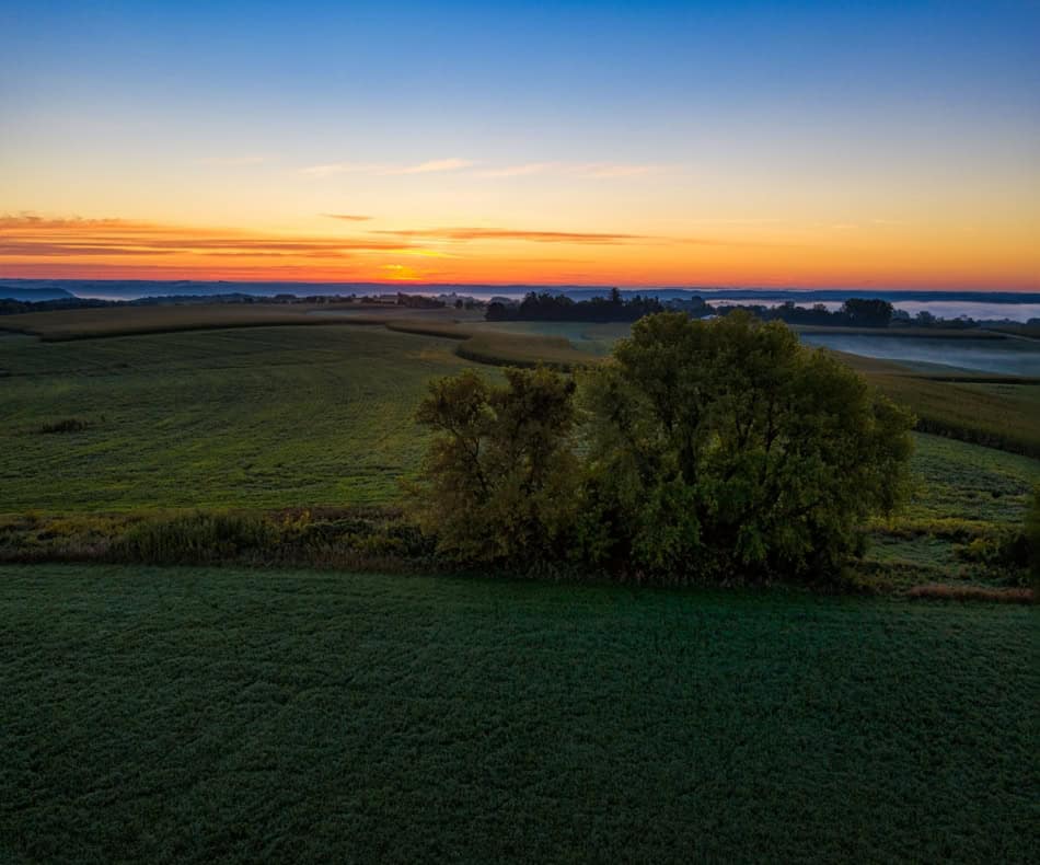 Beautiful sunset over fields and trees in the countryside.