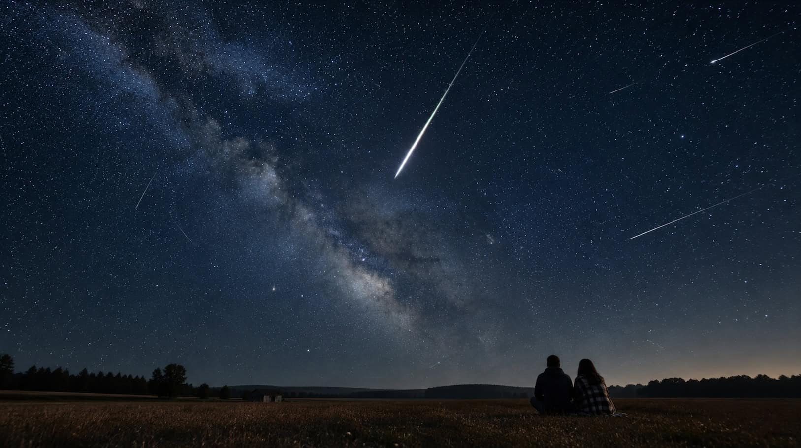 Two people watching the Perseid meteor shower under a starry sky.