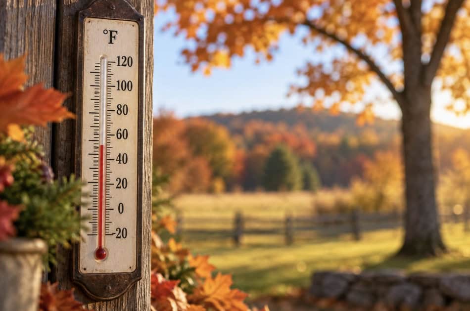 Outdoor thermometer showing 50°F in autumn landscape.