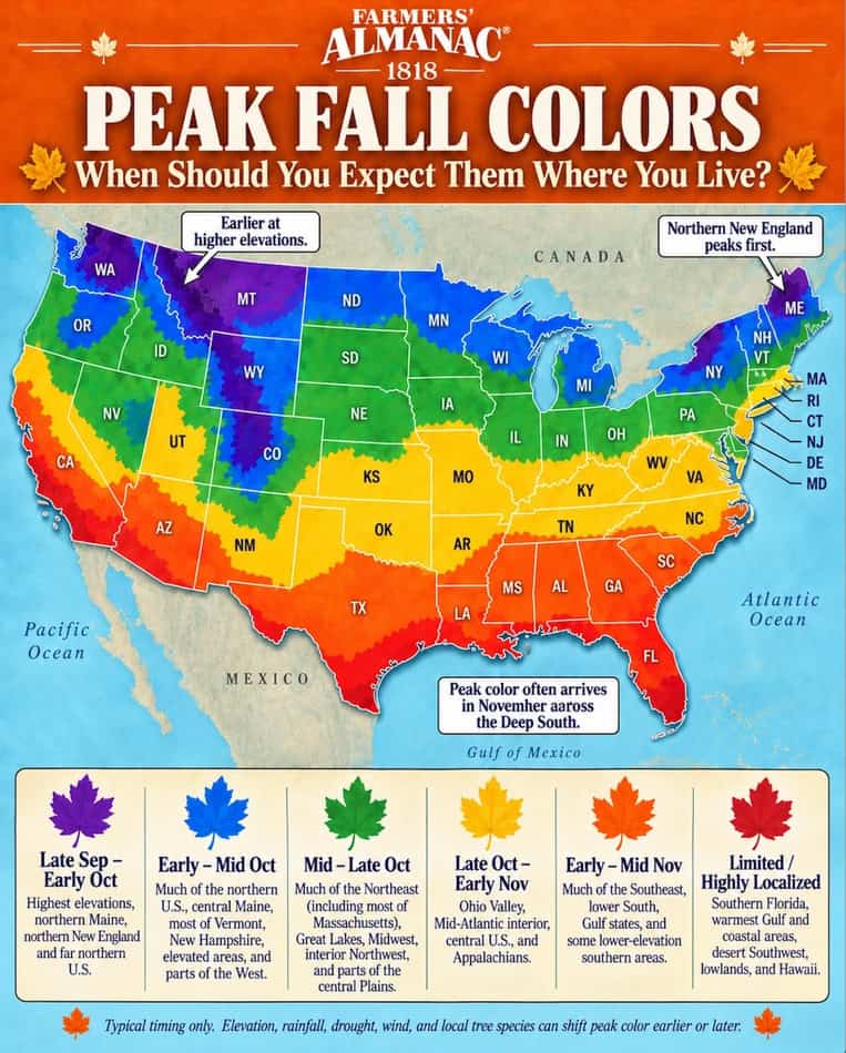 Map of peak fall foliage colors across the US for 2026.