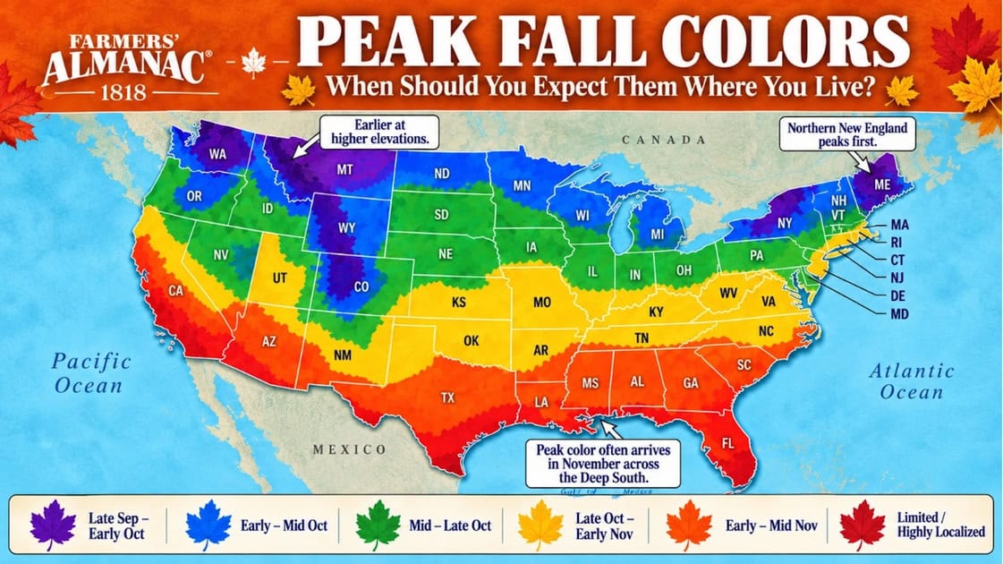 Map showing peak fall colors across the US for 2026 fall foliage season.