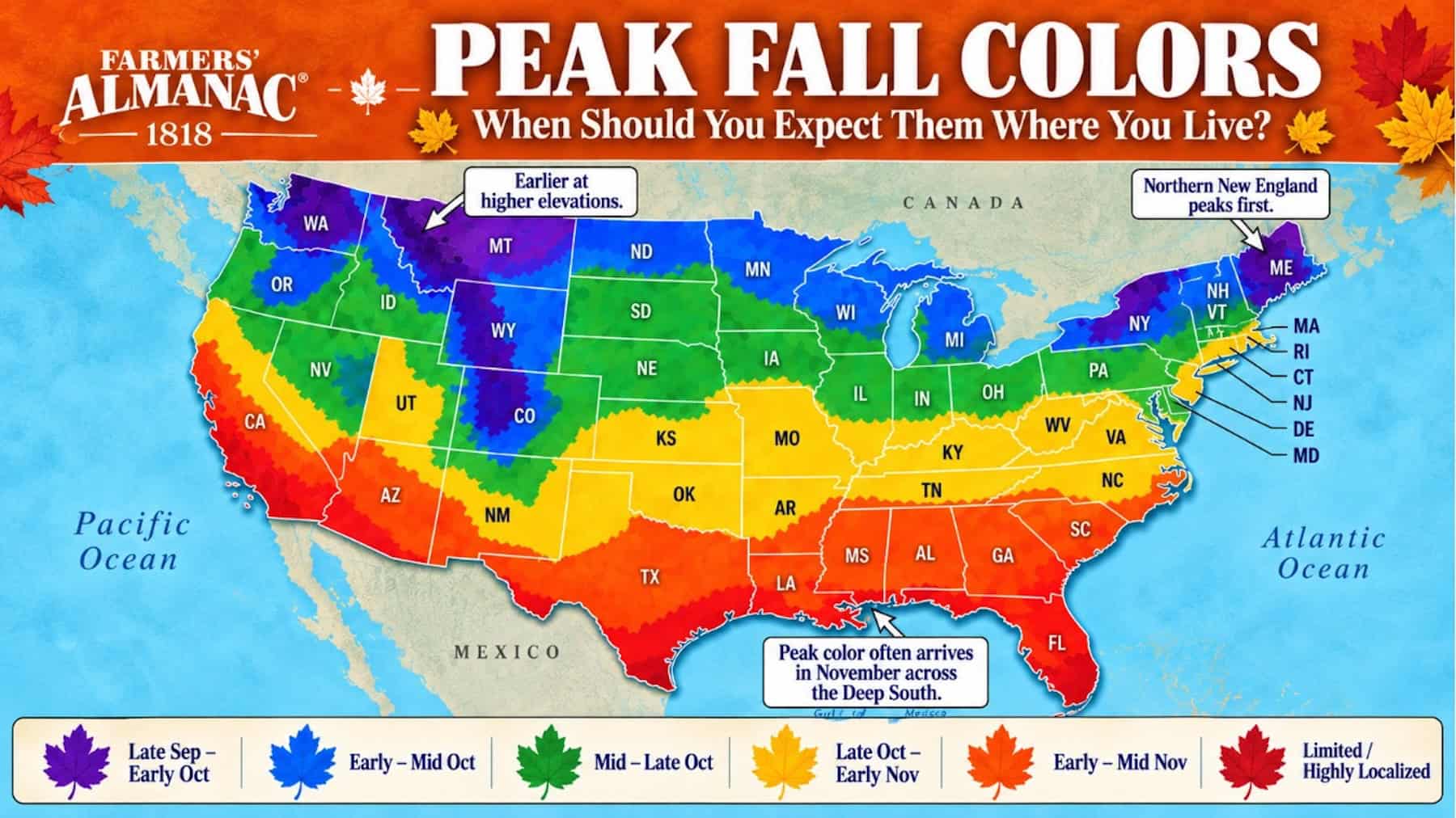 Map showing peak fall colors across the US for 2026 fall foliage season.