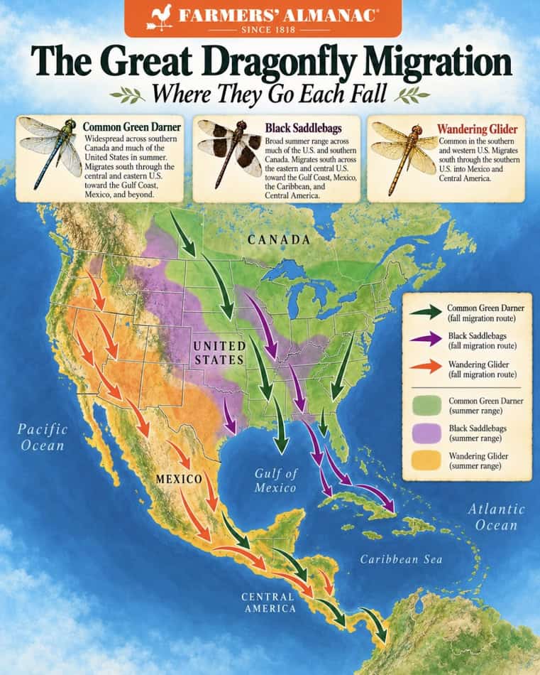 Map showing dragonfly migration routes across North America in fall.