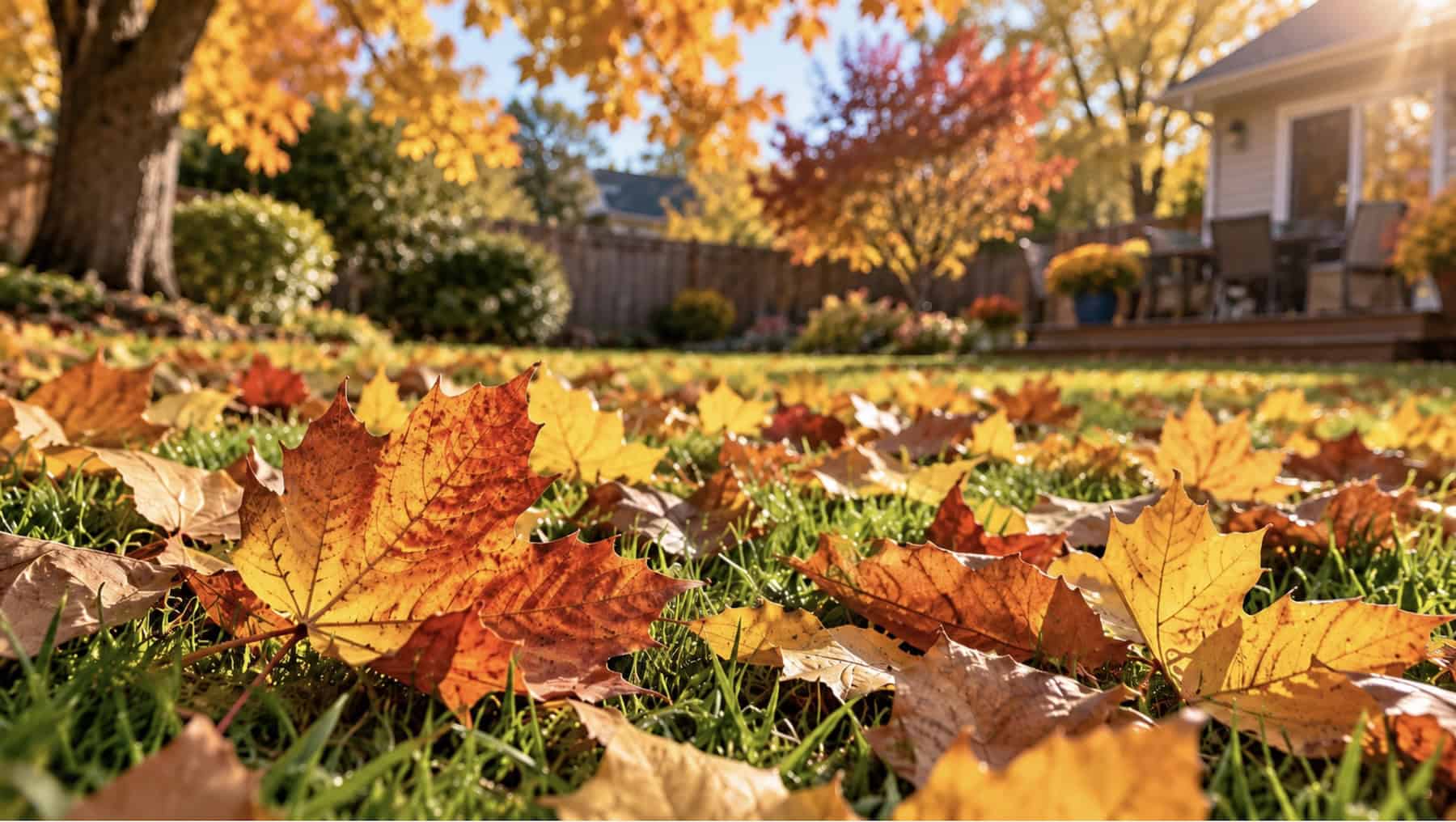 Colorful fallen autumn leaves covering a lush green lawn with trees and a house in the background.