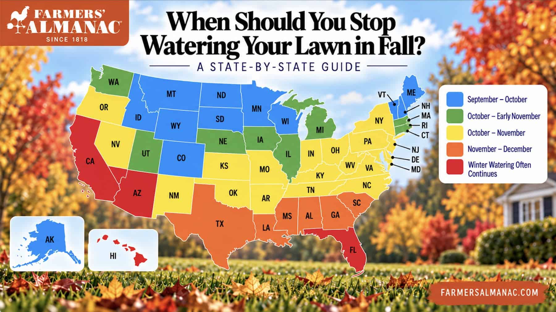 US map showing when to stop watering lawns in fall by state with color codes.