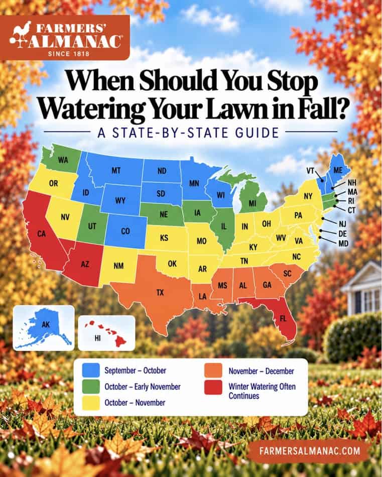 US map showing fall lawn watering guidelines by state for optimal lawn care.