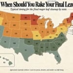 Map showing the best times to rake leaves across US states and Alaska.