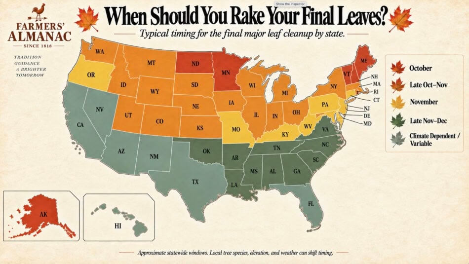 Map showing the best times to rake leaves across US states and Alaska.