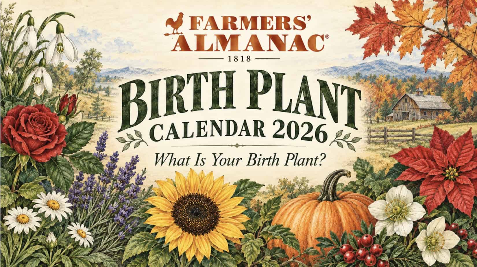 Illustration of seasonal plants and flowers for the 2026 birth plant calendar.