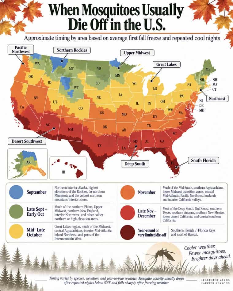 Map showing US regions with mosquito activity ending in fall by area.