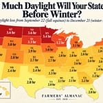 Map showing daylight loss in US states from fall to winter.