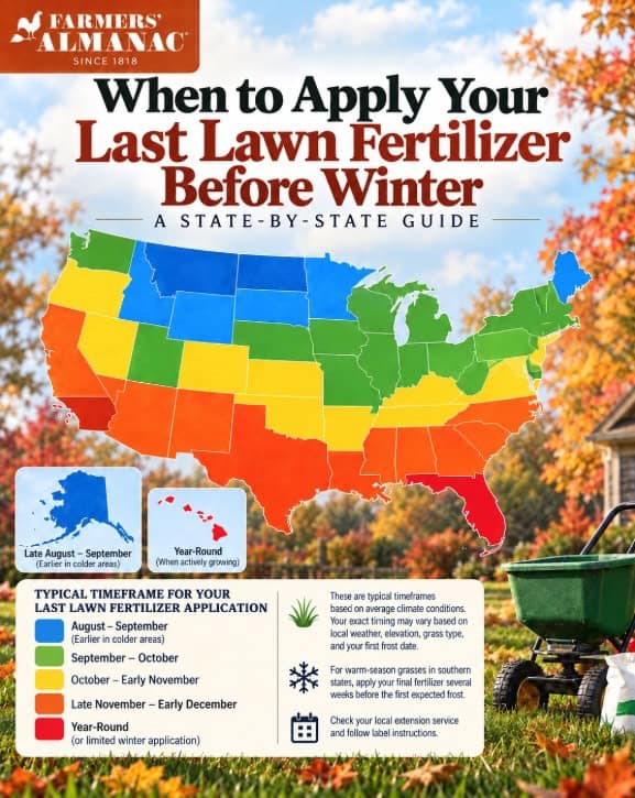 Map of the US showing recommended last fertilizer application times by state.