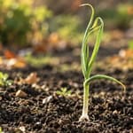 Young garlic sprout emerging from soil in a fall garden.