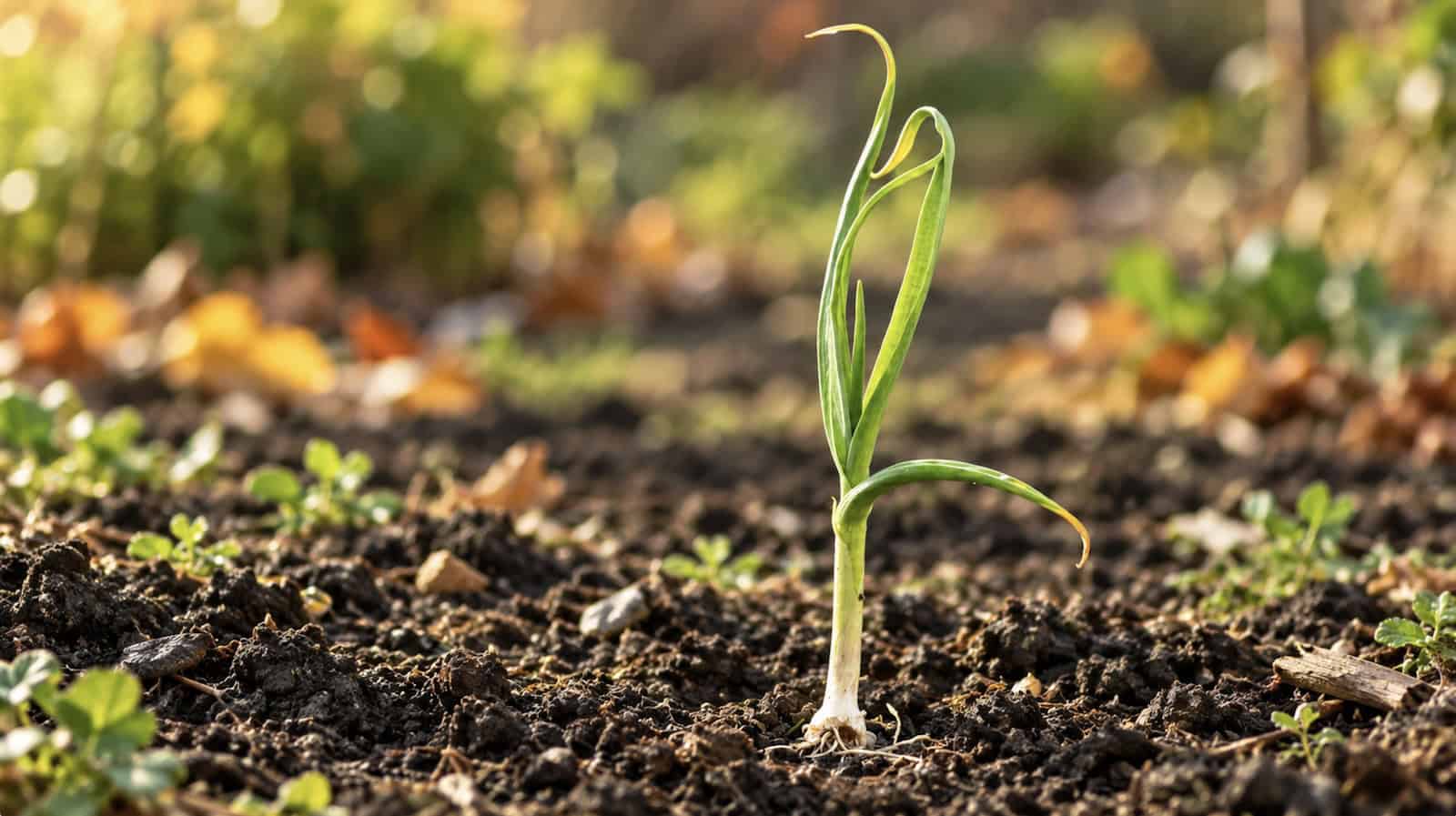 Young garlic sprout emerging from soil in a fall garden.