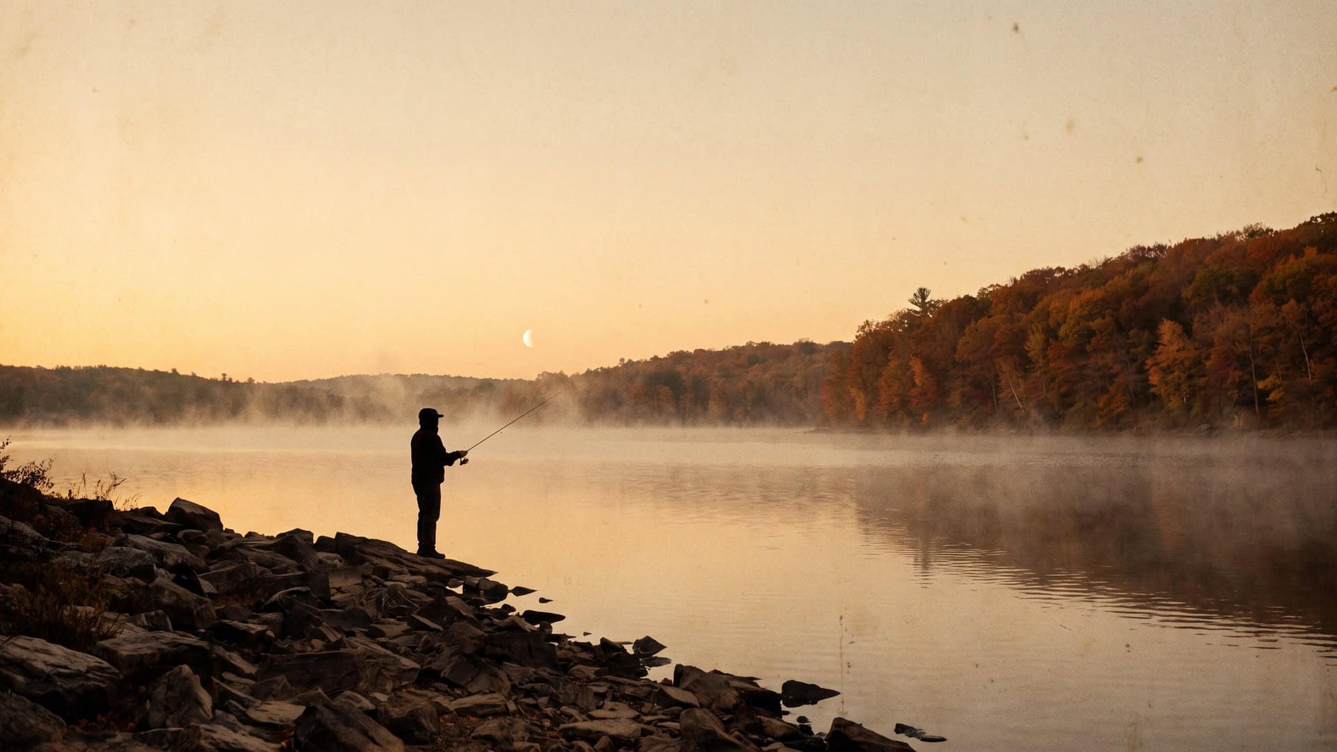An angler casting from a rocky shore at dawn, mist on the water and autumn colour on the far bank, with a pale moon low in the sky.