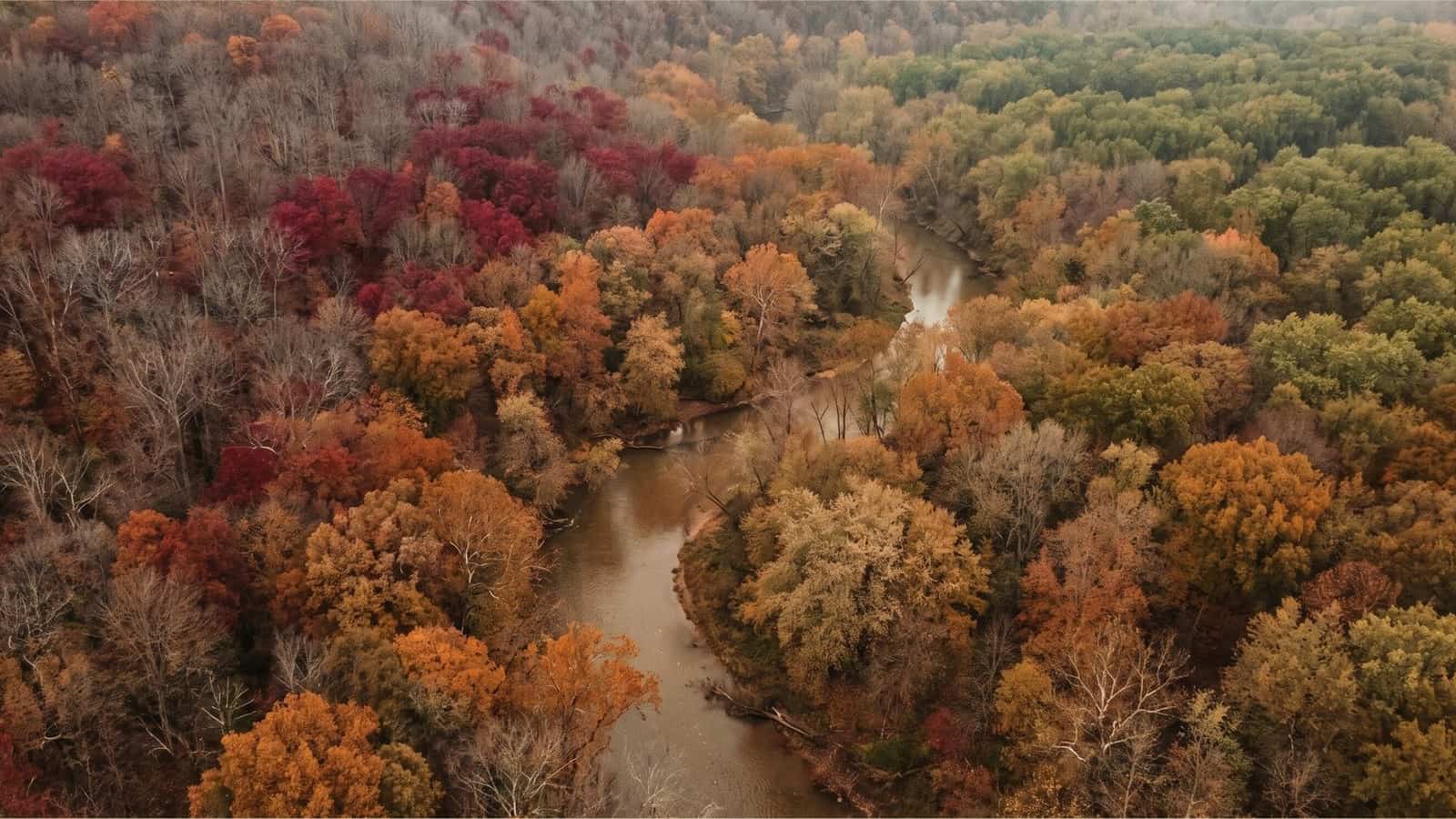 Aerial view of a hardwood forest canopy where the colour runs from bare and red through orange and gold to still green in the distance.