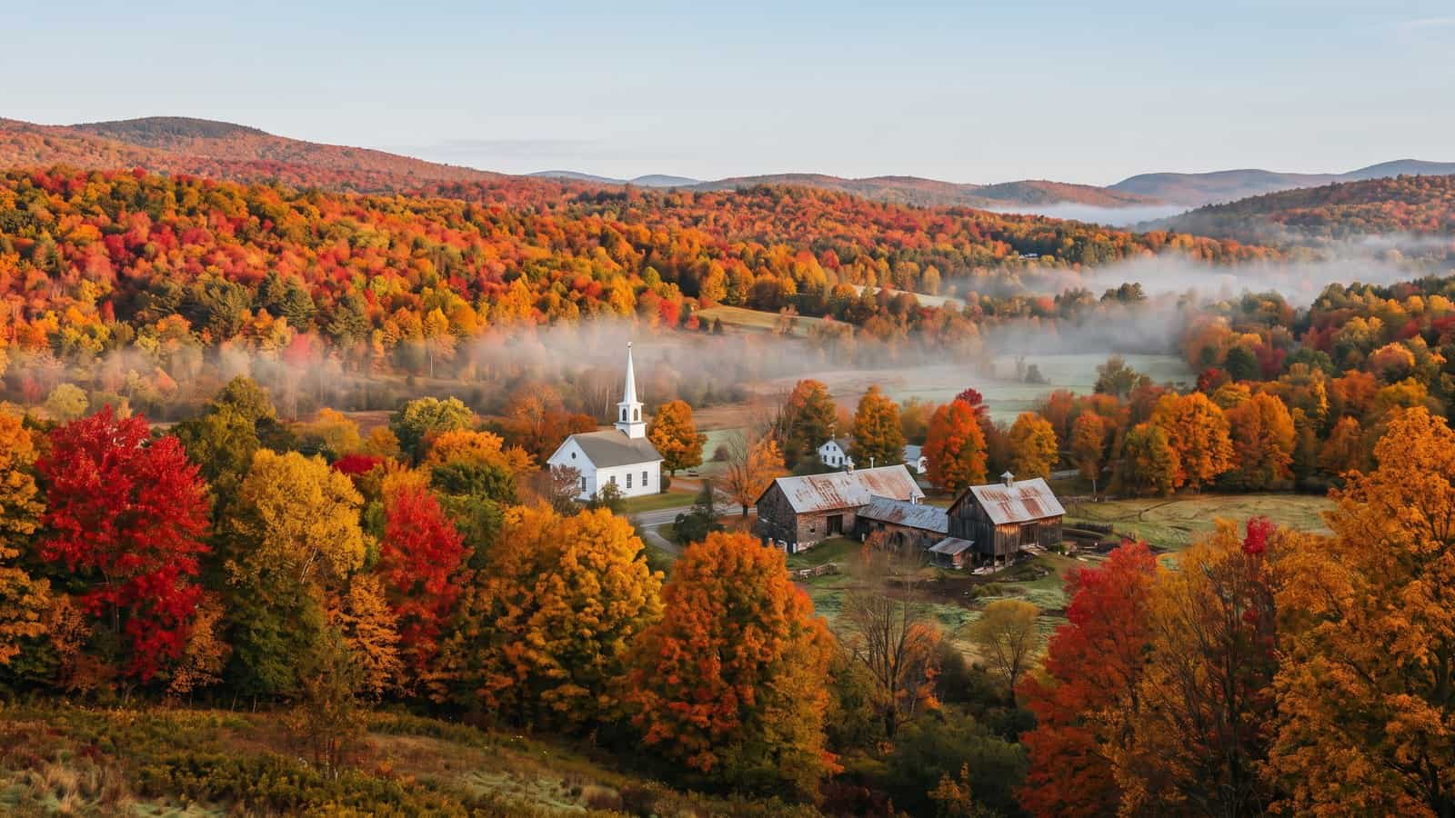 A New England valley at peak autumn colour seen from a hillside, with mist in the low ground and a church steeple in the middle distance.
