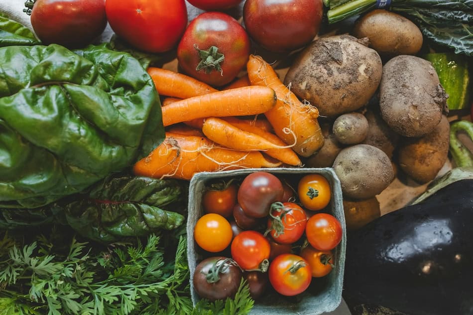 Colorful assortment of fresh vegetables including tomatoes, carrots, eggplant, and leafy greens.