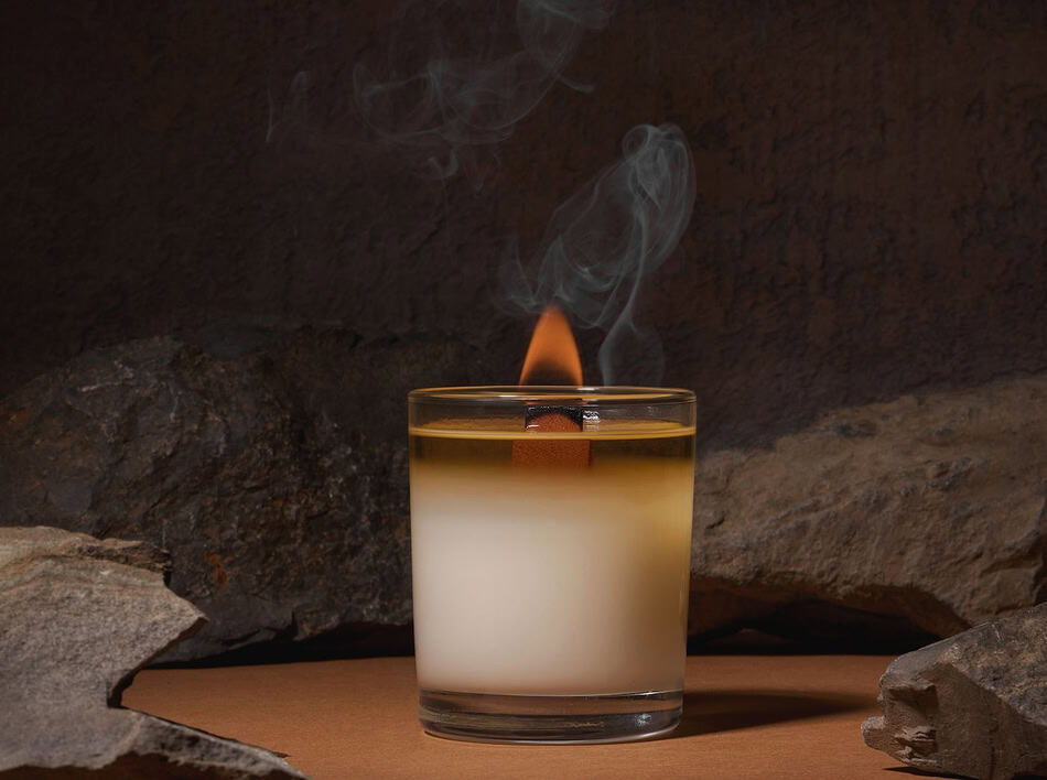 Close-up of a lit candle in a glass jar with smoke rising.