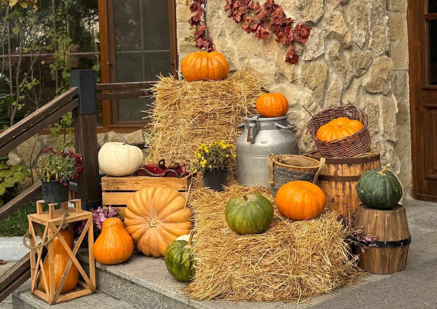 Decorative pumpkins and hay bales for Halloween front porch decor.