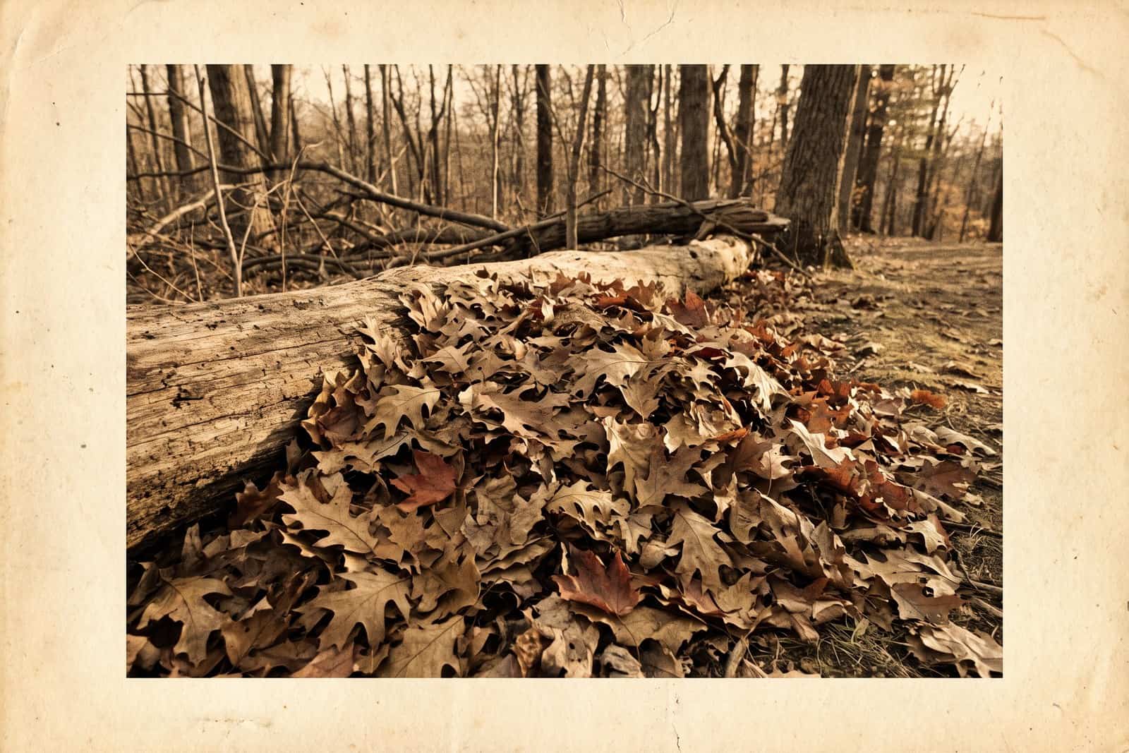Dry autumn leaves banked against a fallen log at the edge of a wood, the kind of place a caterpillar overwinters.