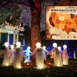Map of US states showing Halloween celebrations with ghostly dancers in front.