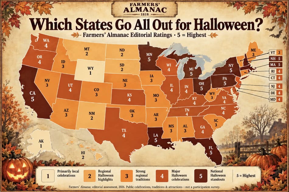 Map showing Halloween celebration levels across US states with color coding.