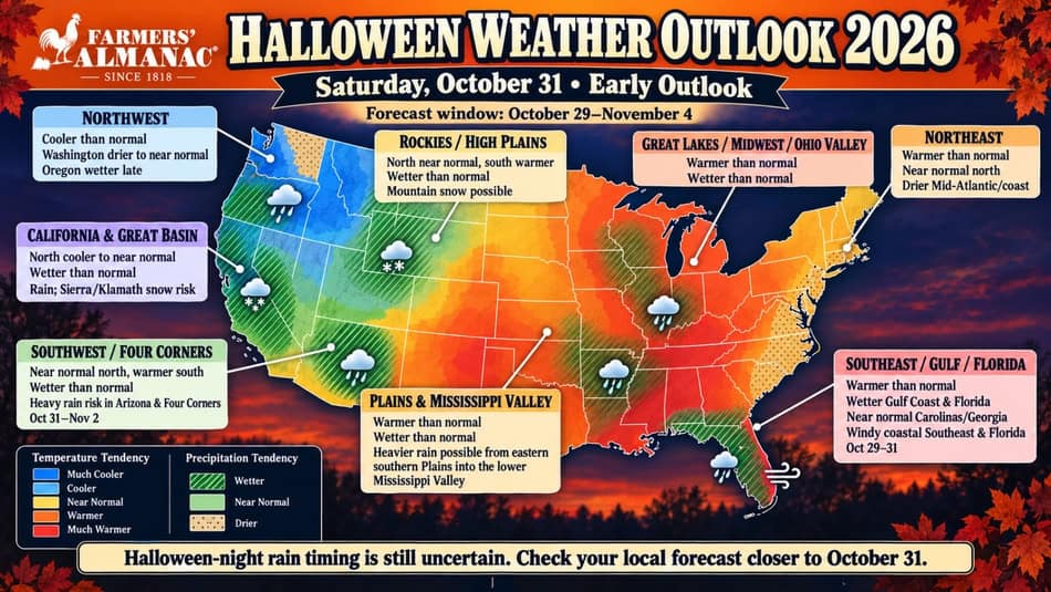 Halloween weather forecast map for 2026 across the U.S.