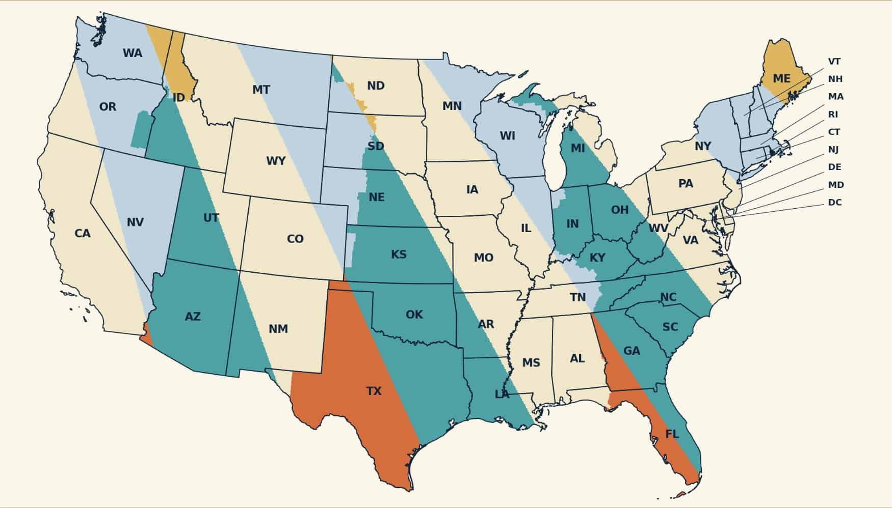 Map of US states showing sunset times by state for planning outdoor activities.