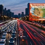 Busy city street with cars in motion and a promotional map overlay.
