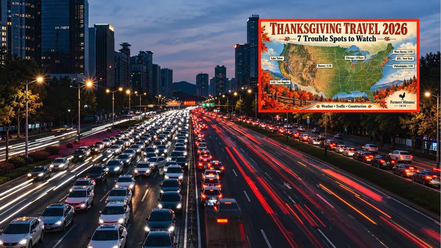 Busy city street with cars in motion and a promotional map overlay.