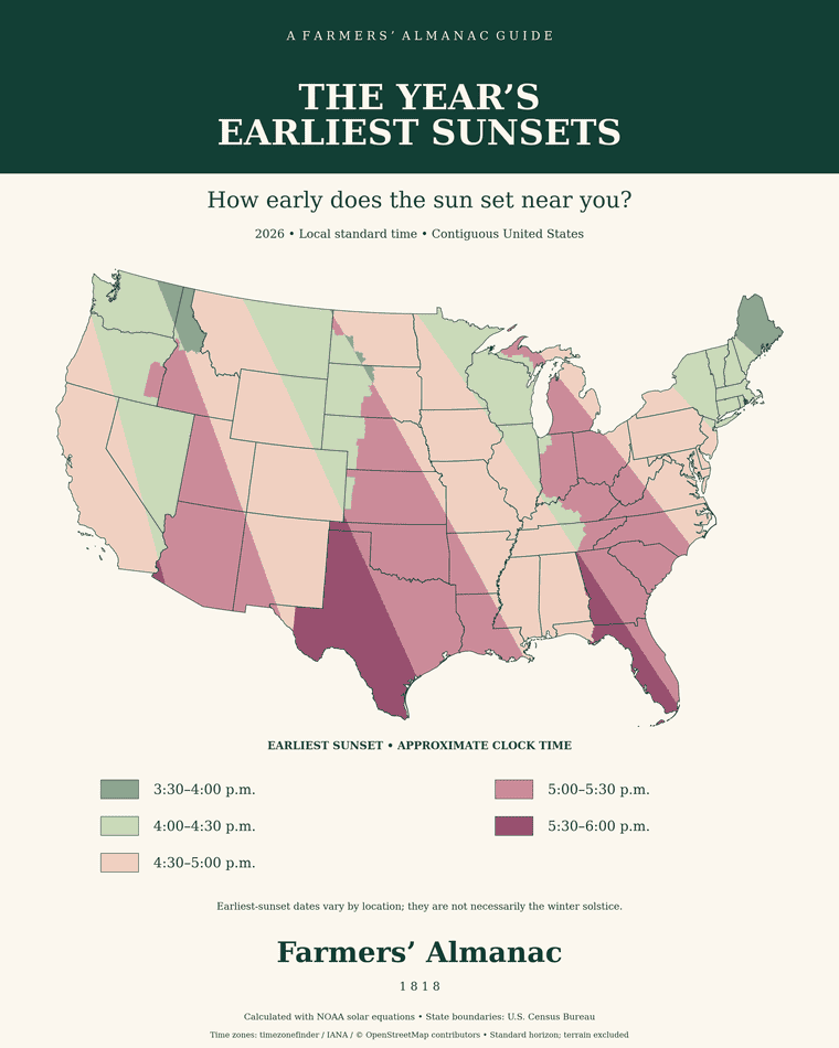 Map showing earliest sunset times across the United States.