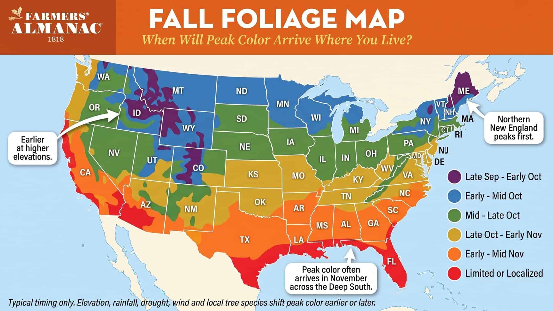 Farmers' Almanac Fall Foliage Map showing when peak fall color typically arrives in each state