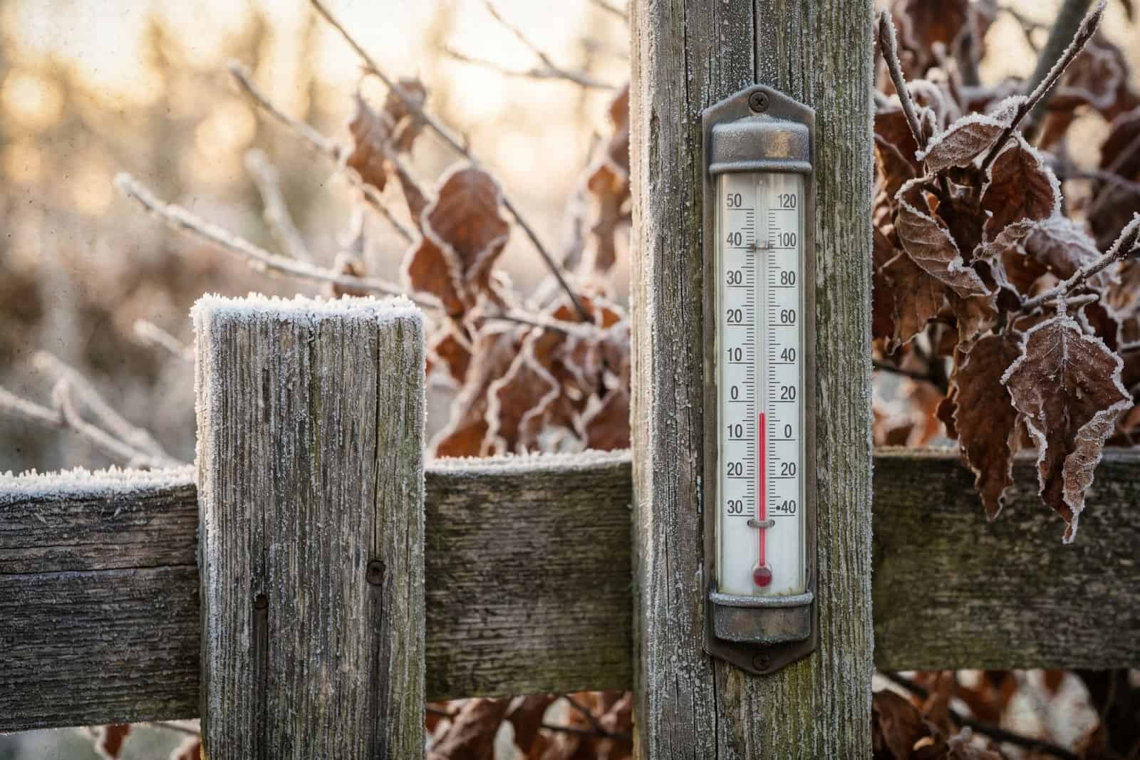 Outdoor thermometer on a frosted fence post reading just under 30 degrees