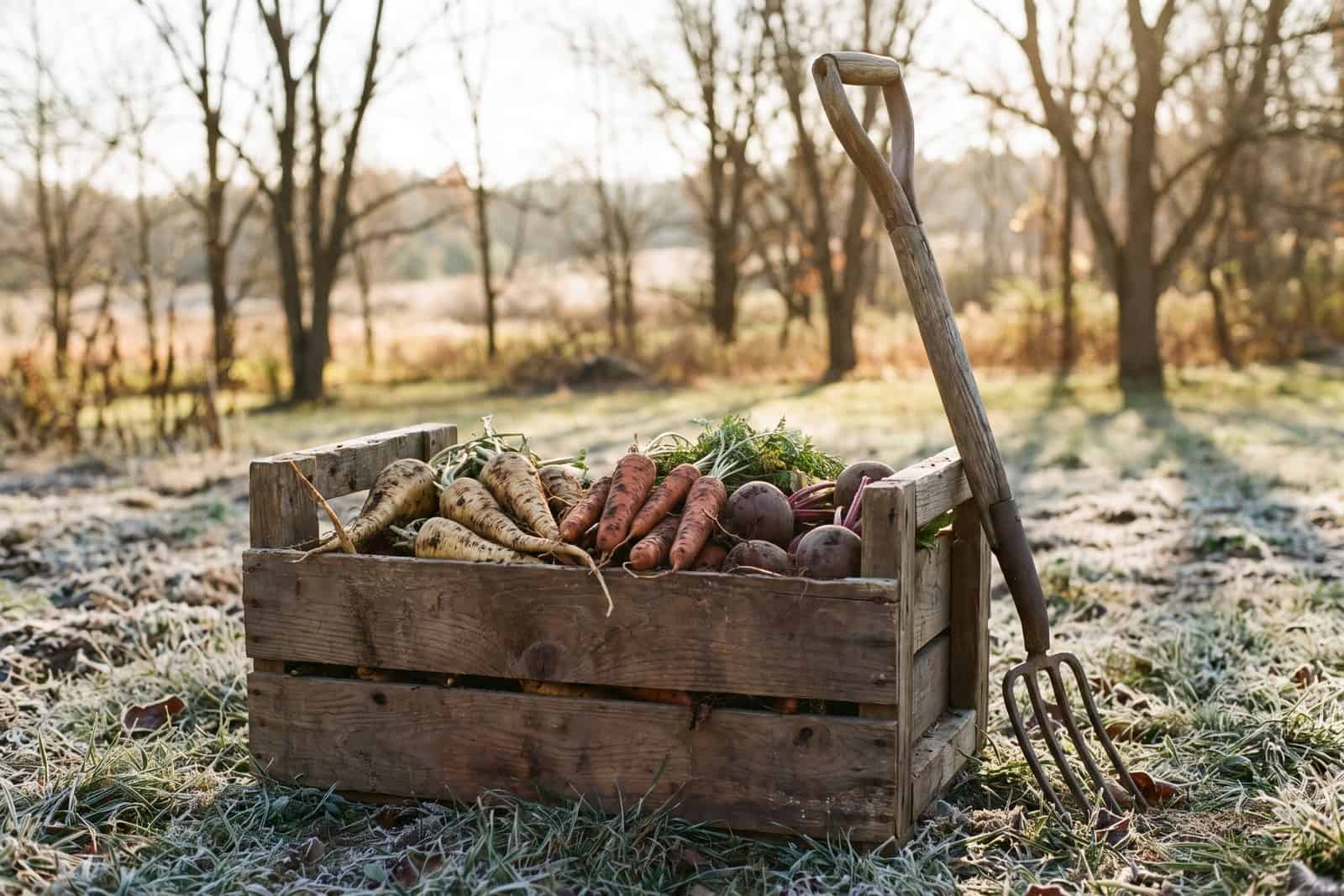 Freshly dug carrots, parsnips and beets in a wooden crate on frosted ground
