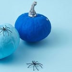 Teal pumpkin with glittery witch hat and plastic spiders on light blue background.