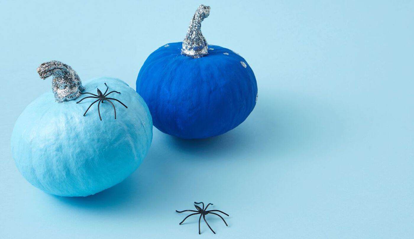 Teal pumpkin with glittery witch hat and plastic spiders on light blue background.