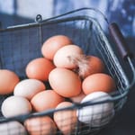 Collection of fresh eggs in a wire basket on a dark background.