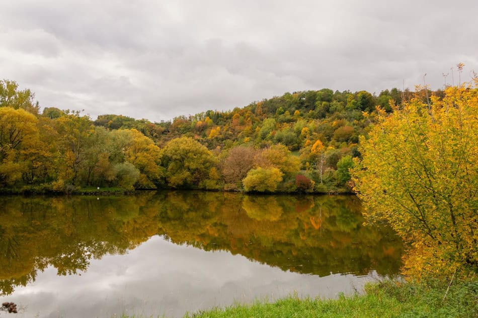 Scenic autumn landscape with colorful trees reflected in a calm lake under cloudy sky.
