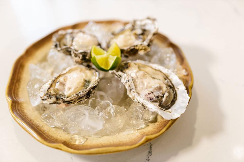 Fresh oysters served on ice with lemon wedge, ideal for seafood enthusiasts.