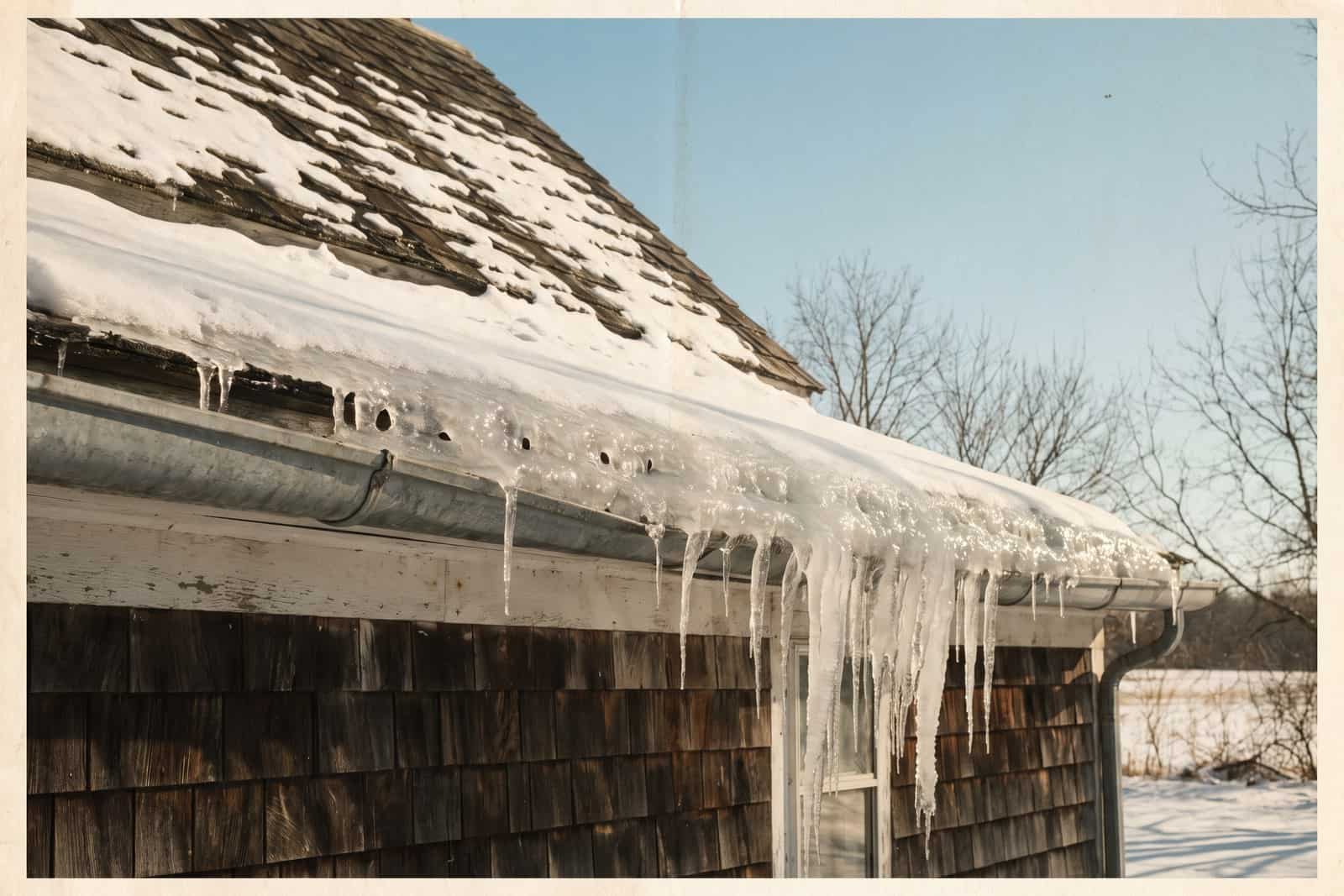 Ice dam and icicles along the gutter line of a snow covered roof
