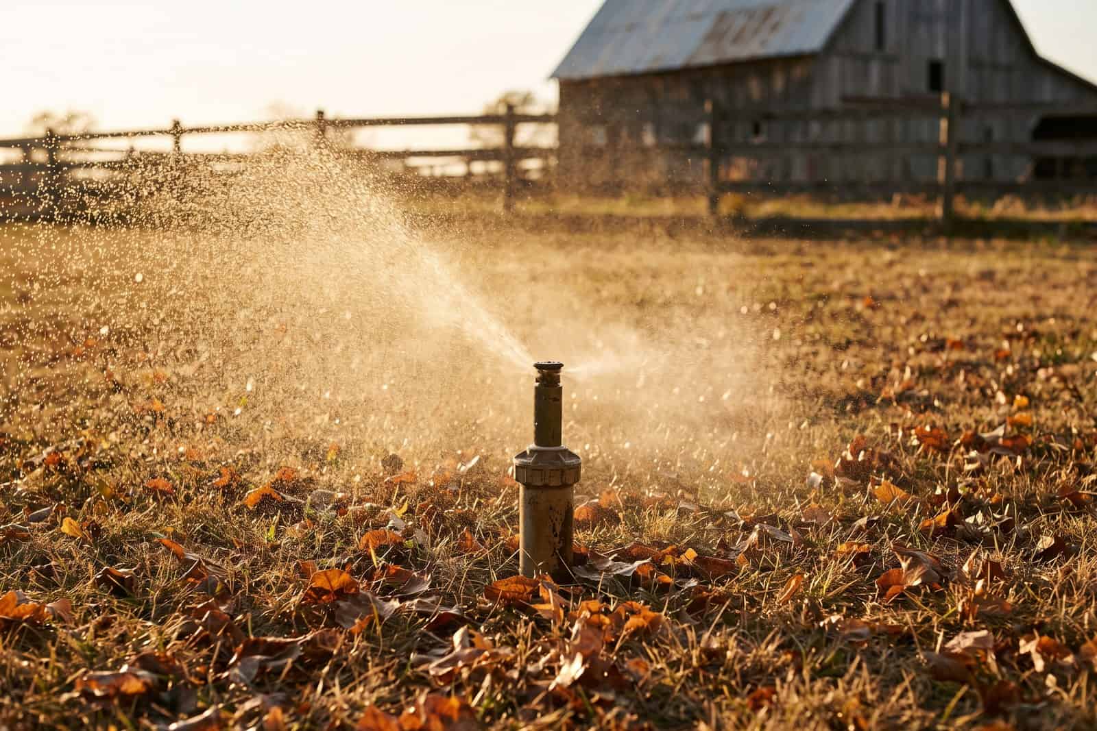 Lawn sprinkler head spraying mist during an autumn blow-out