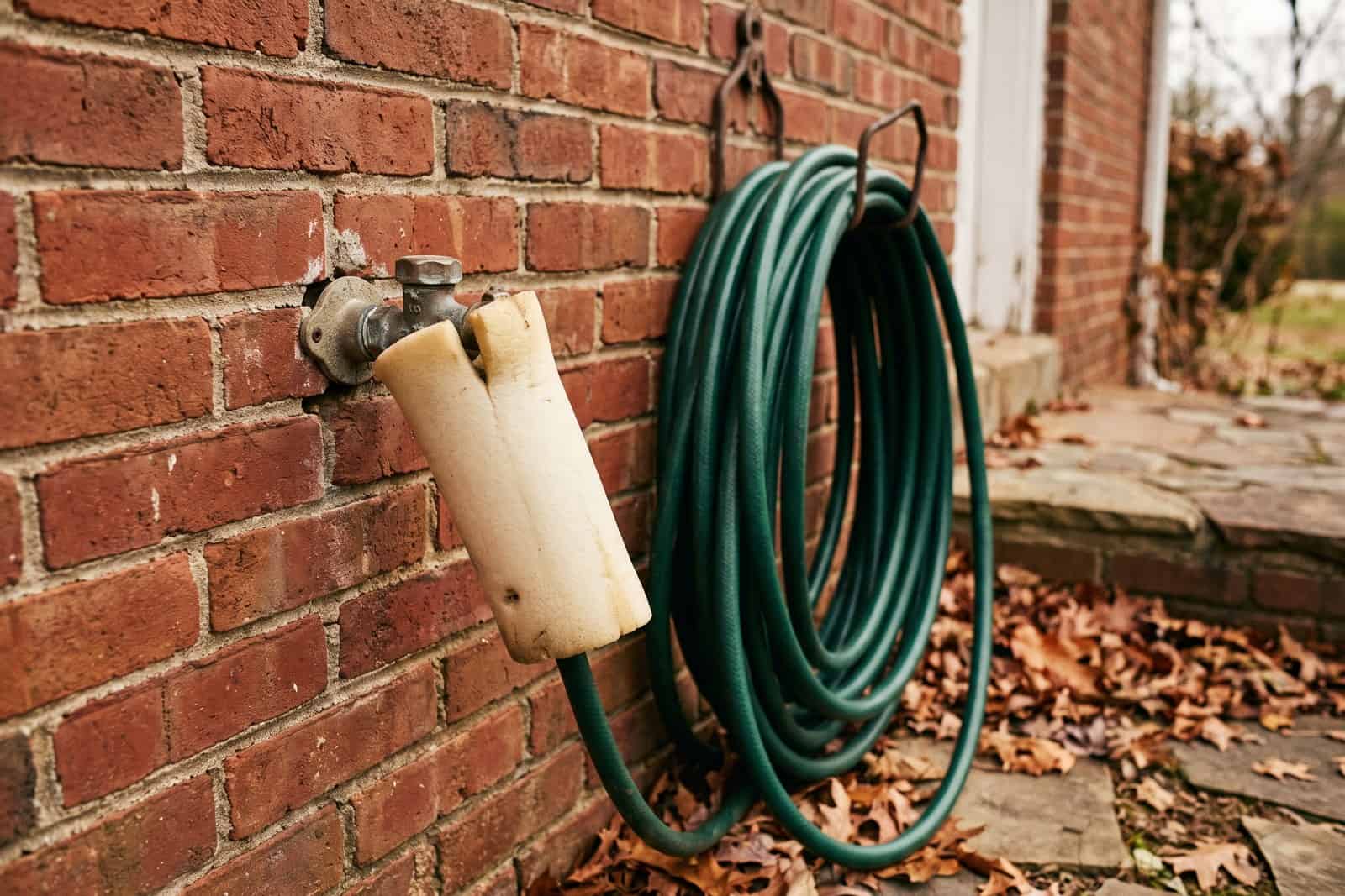 Foam faucet cover on an outdoor spigot with a drained hose hung beside it